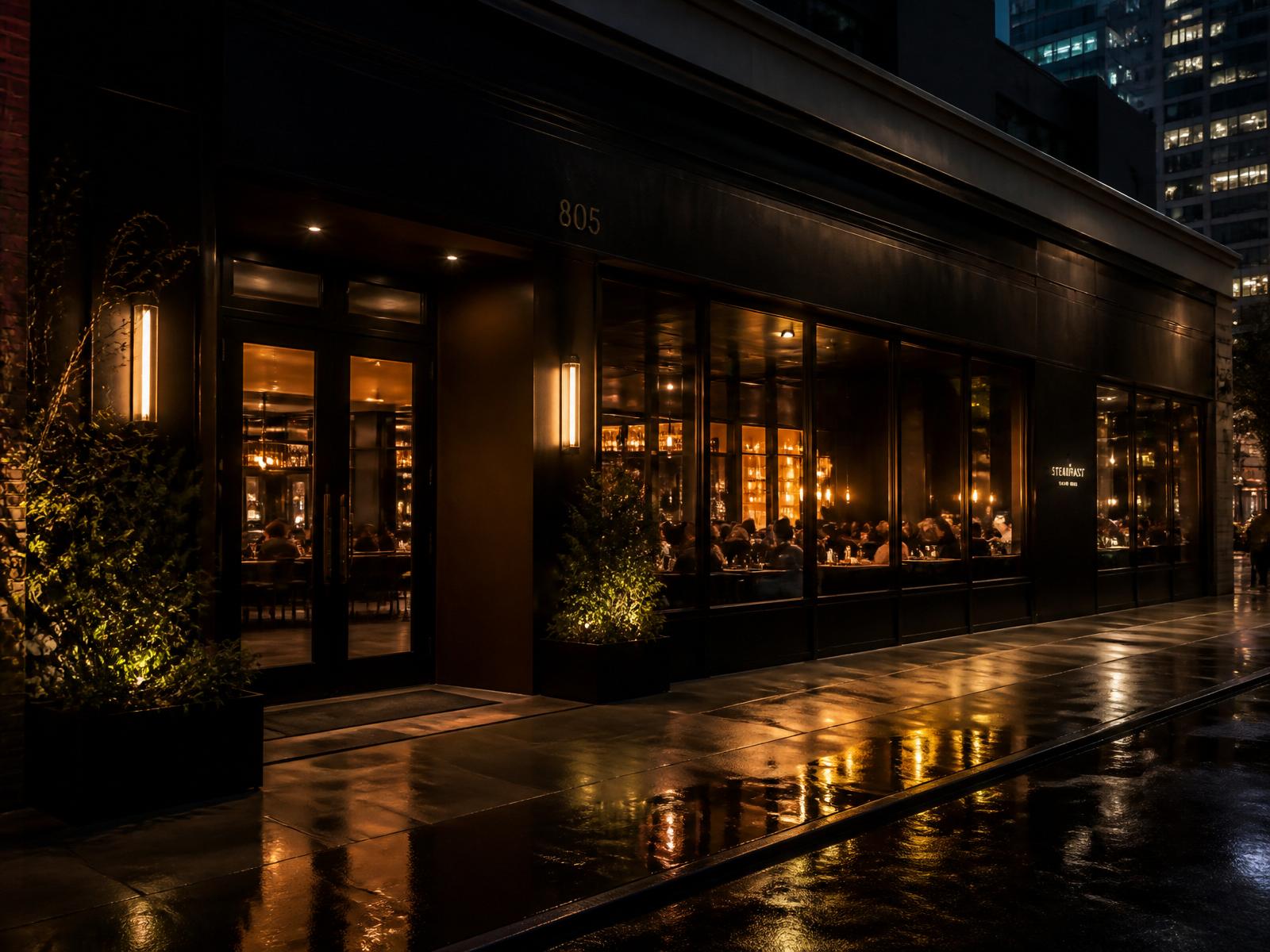 Exterior of Elevate Studio at night.
