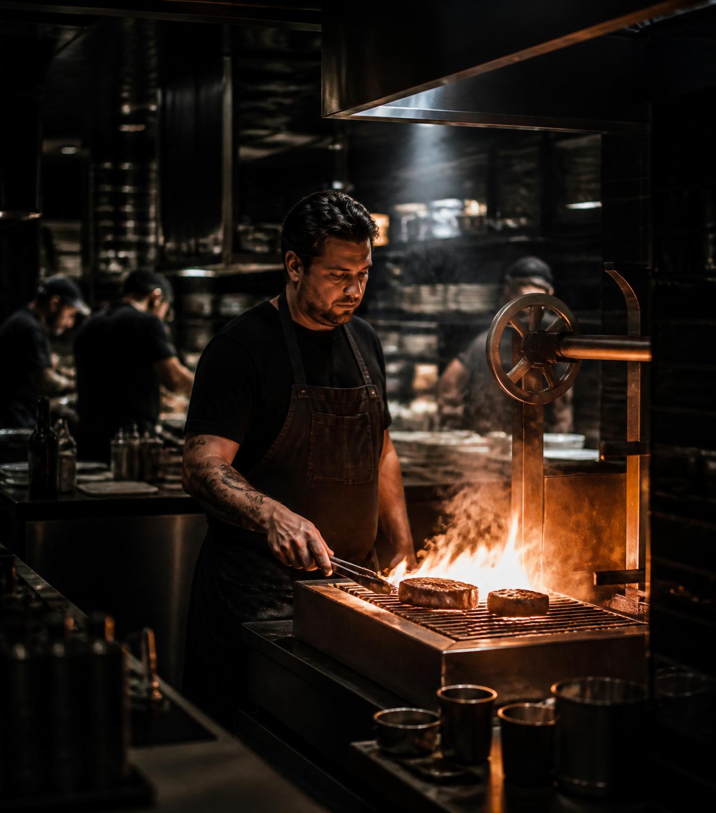 Chef grilling premium American food over an open flame in the studio kitchen.