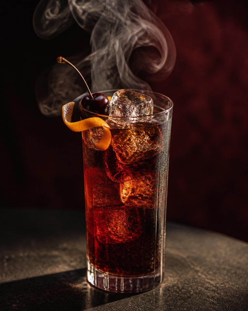Signature smoked cherry cola with orange peel and cherry garnish.