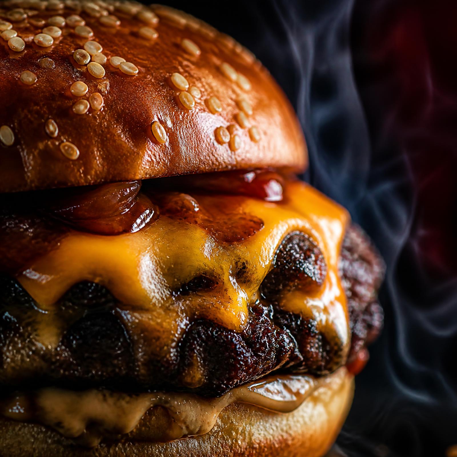Close-up of a premium smash burger with dripping melted cheddar and glossy brioche bun.